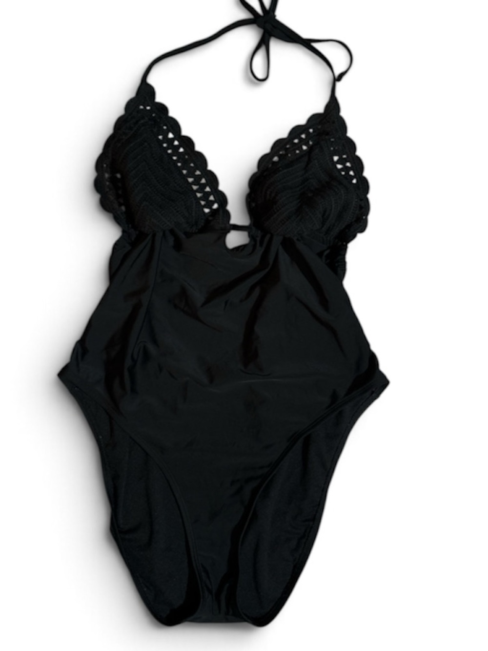 Black Crochet-Trim Halter One-Piece Swimsuit